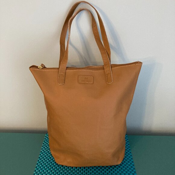 Zippered Leather Camel Color Tote Bag by JM New York - Picture 1 of 16